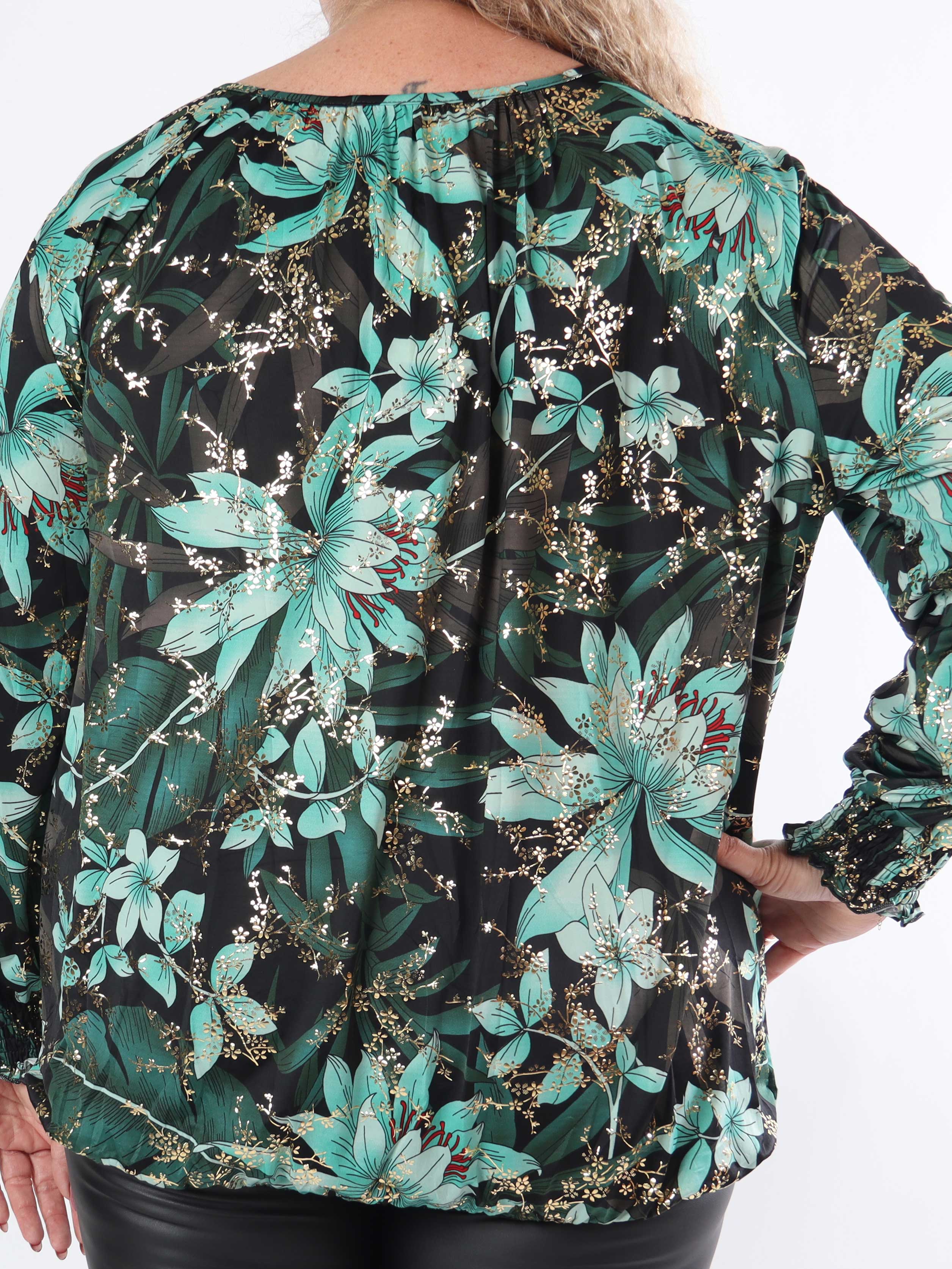 Miracle Gold Flower L/S - Blommig elastisk plus size-blus